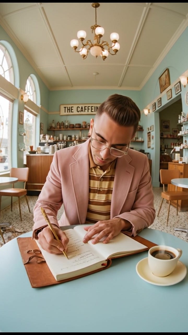 The Amir in a coffee shop, writing ideas in a notebook with a cup of coffee beside him.