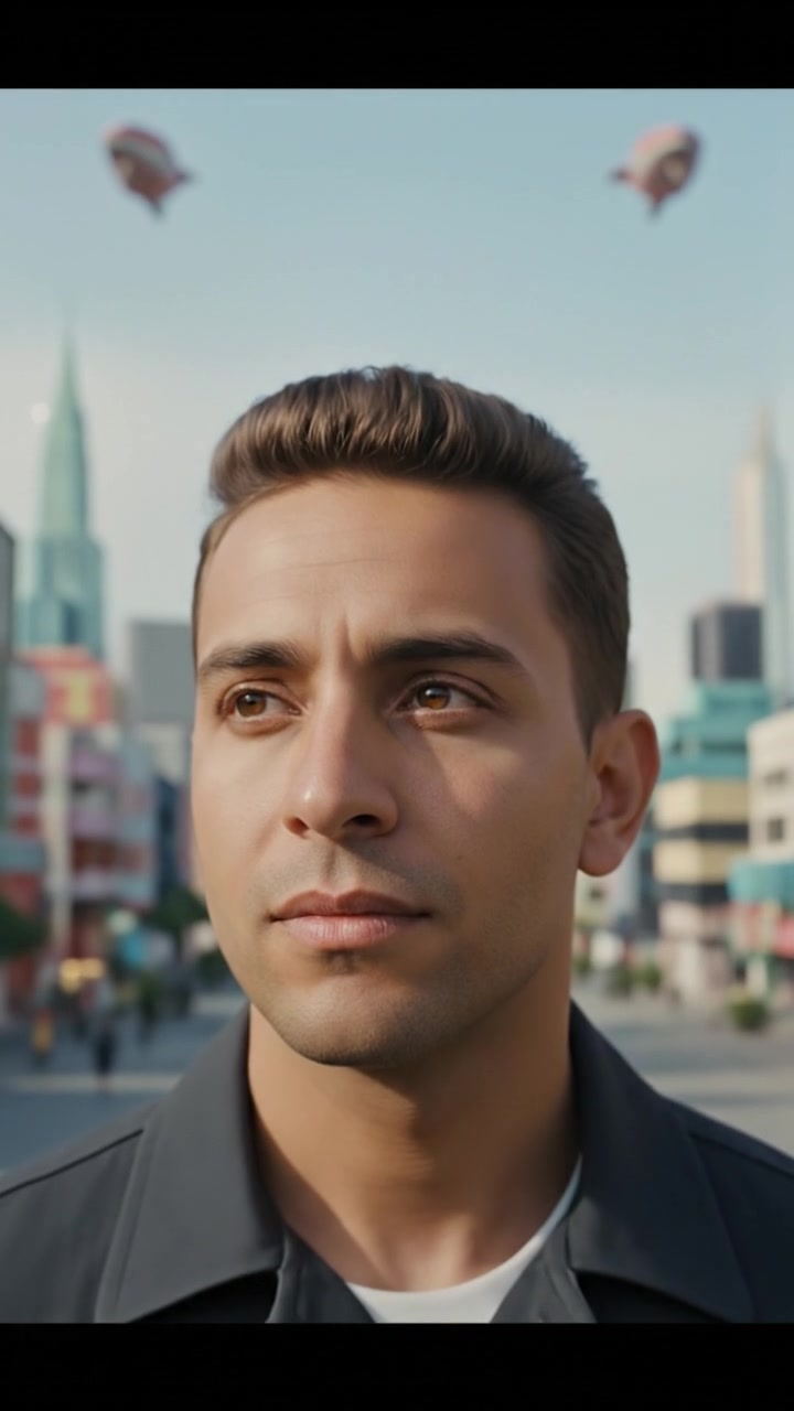 A close-up of the Amir's face as he contemplates, with a blurred city skyline in the background.