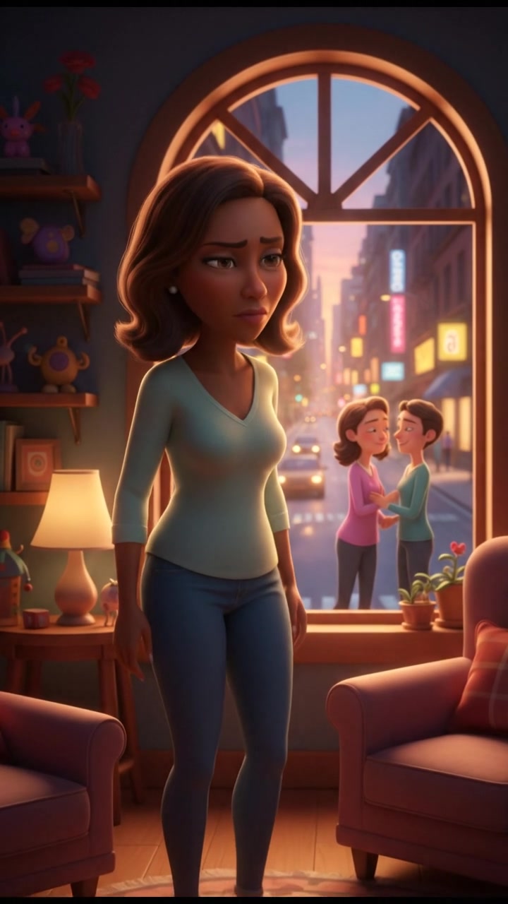 Monique standing alone in a dimly lit room, looking thoughtfully out a window, with a hint of jealousy in her expression.