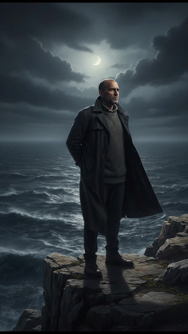 The Carlos standing on a cliff, looking out over a vast, beautiful ocean, deep in thought.