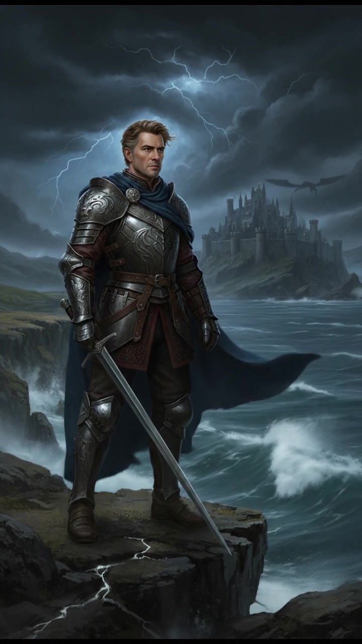 Mark standing on a cliff, looking out over a turbulent sea as storm clouds gather.