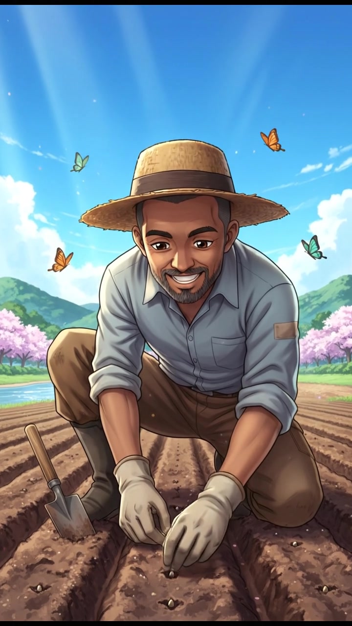 Kwame kneeling in the soil, planting seeds in neat rows under a clear blue sky.
