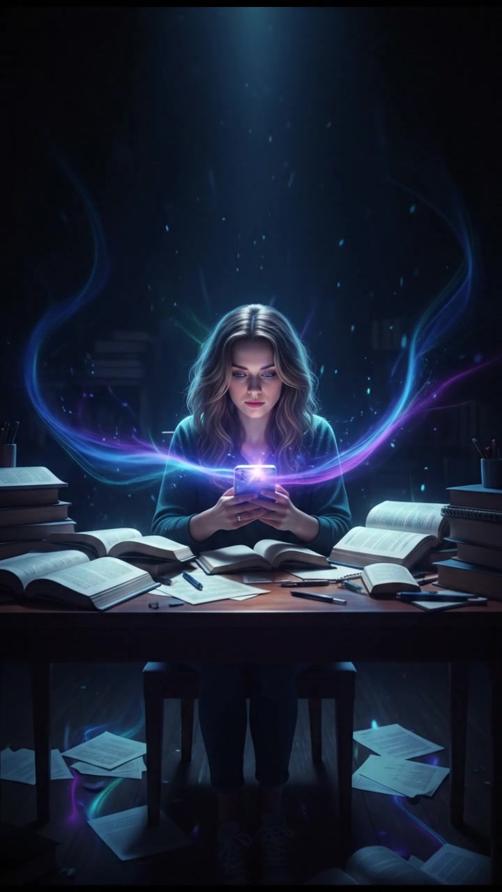 Ashley sitting at her desk, scrolling her phone, papers and books scattered around.