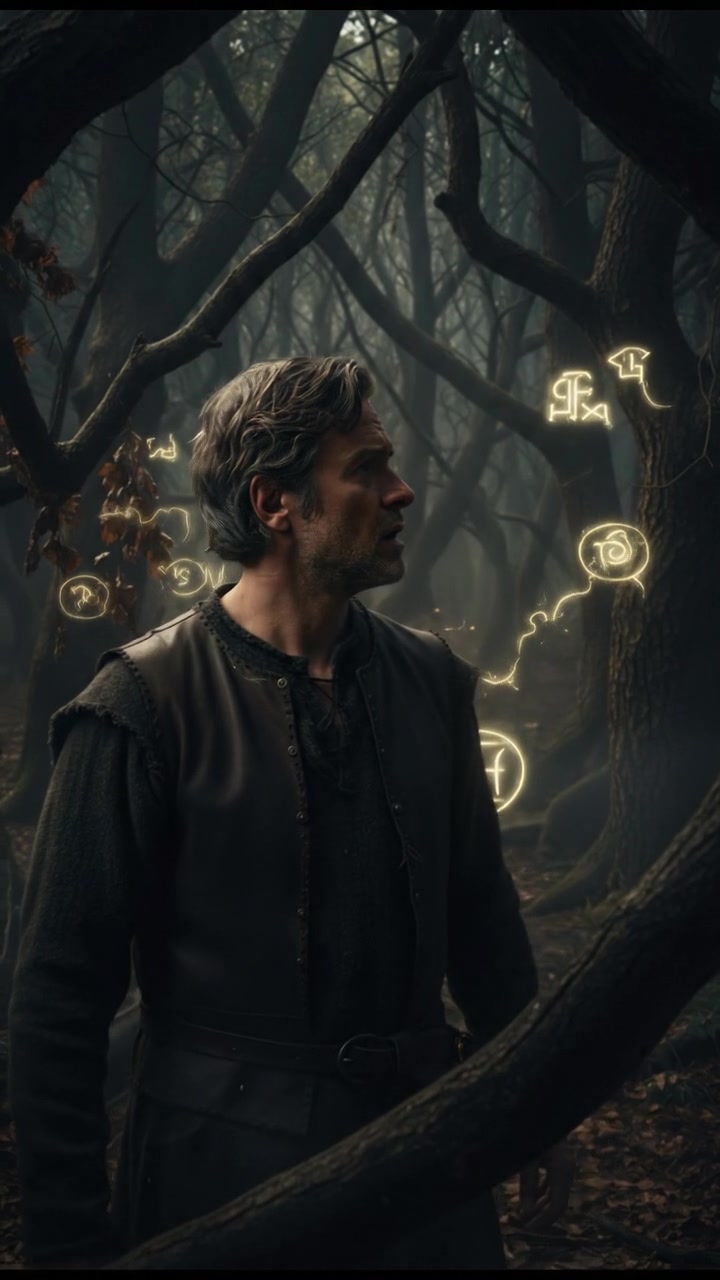 A close-up of the Mark standing in a dense forest, looking slightly puzzled as whispers echo around him.