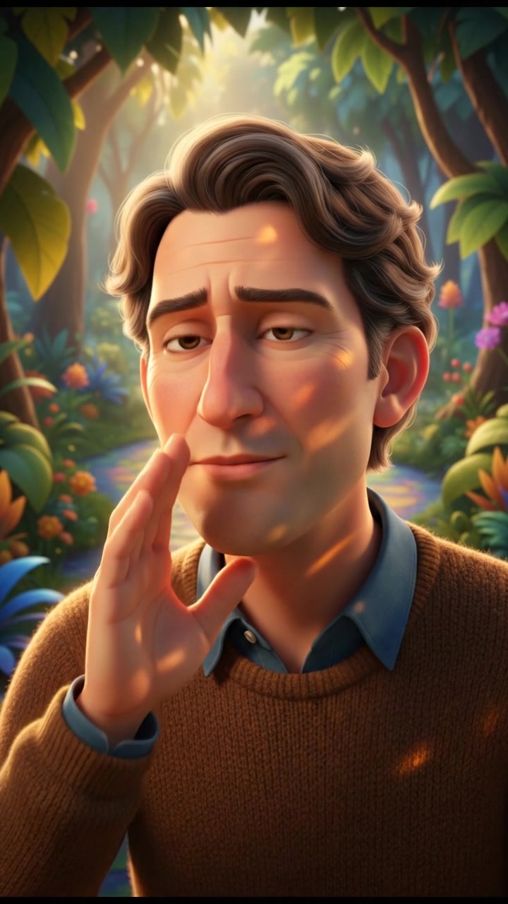 A close-up of Mark whispering softly, sunlight filtering through the leaves behind him.