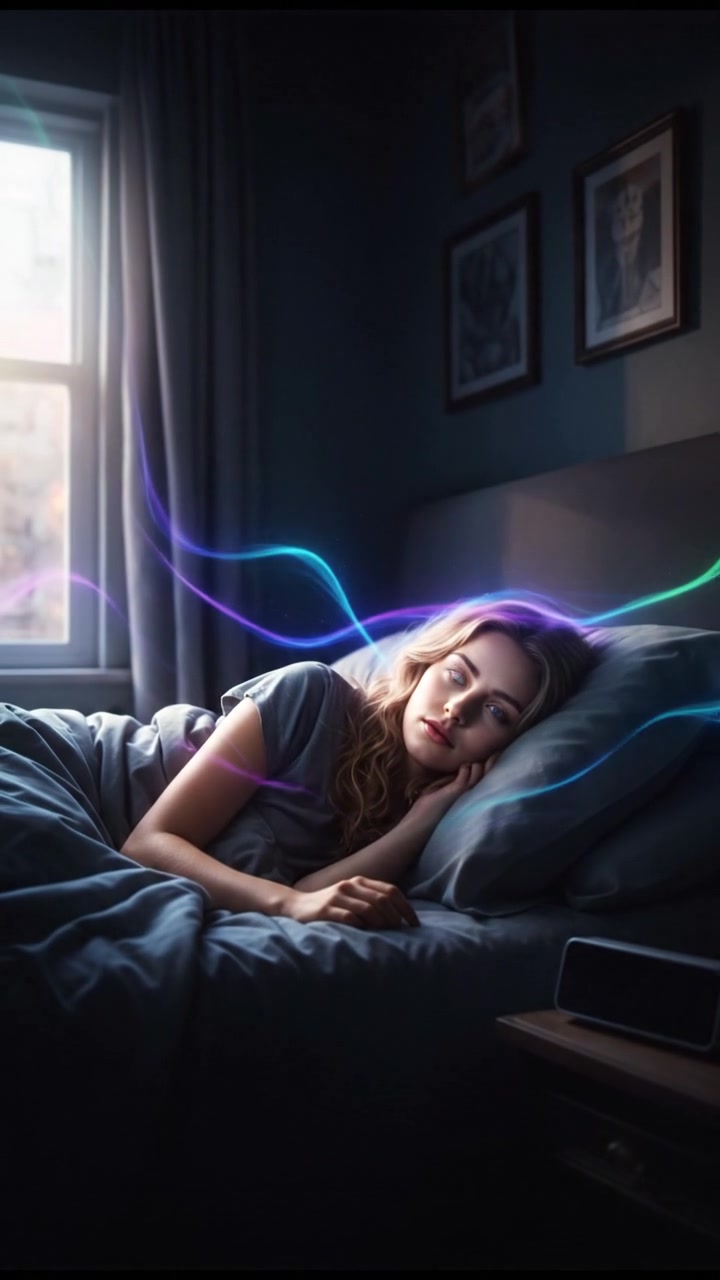 Ashley lying in bed, sunlight streaming through the window, alarm clock showing 7:00 AM.