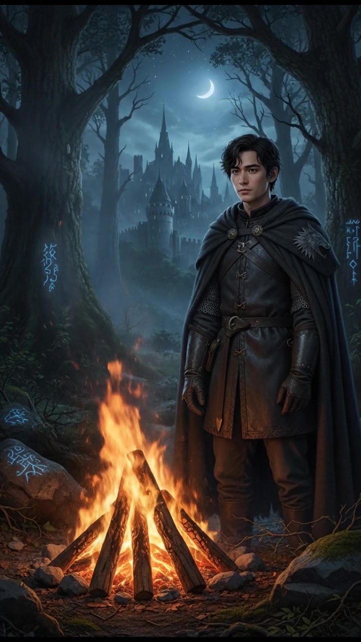 Ken standing by a campfire in a dark forest, the flames flickering as smoke rises into the night sky.