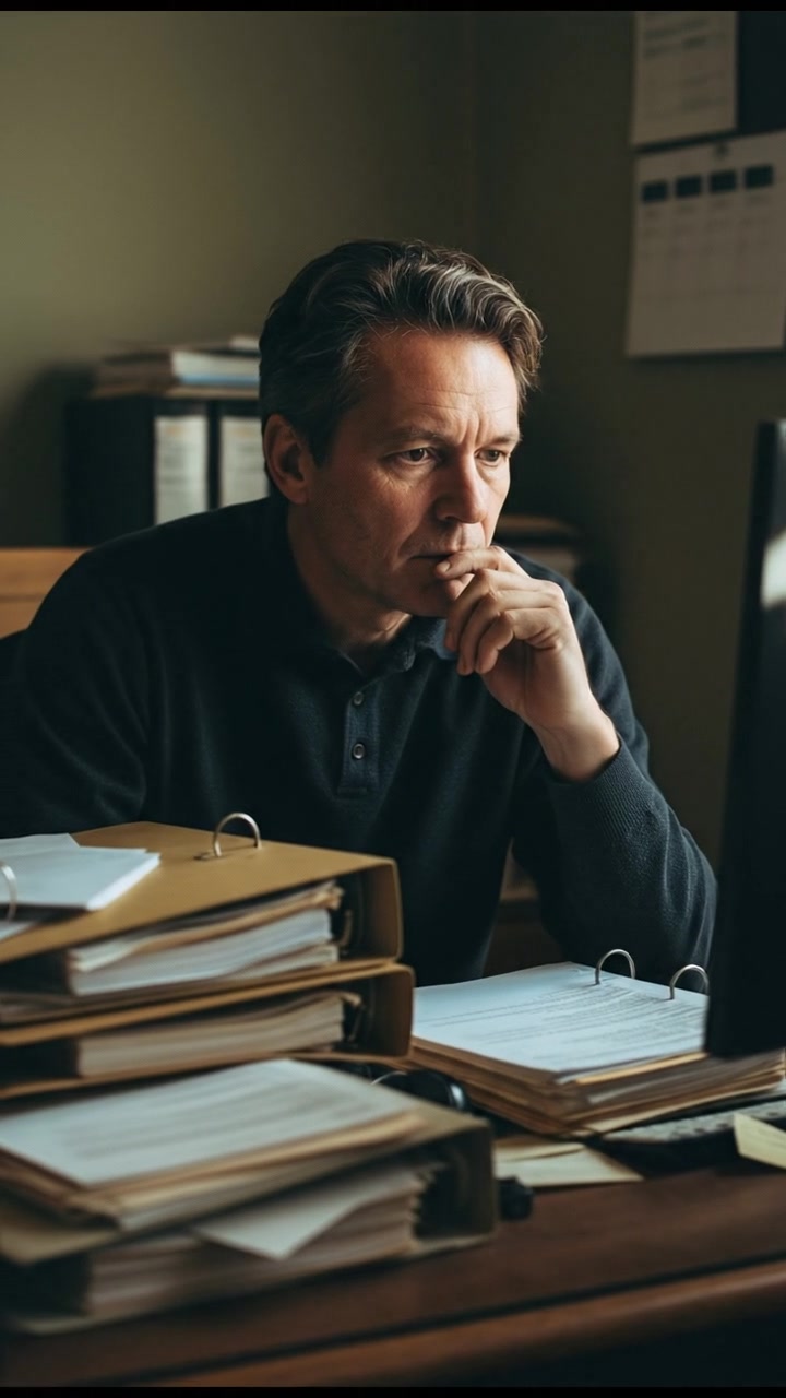 A close-up of Mark sitting at a desk with regulatory documents scattered around, looking thoughtfully at a computer screen.