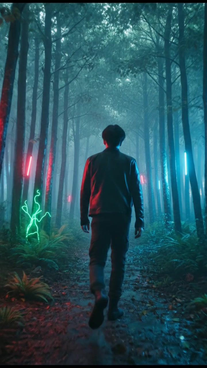 Ken walking on a forest path, surrounded by tall trees and dappled sunlight filtering through the leaves.