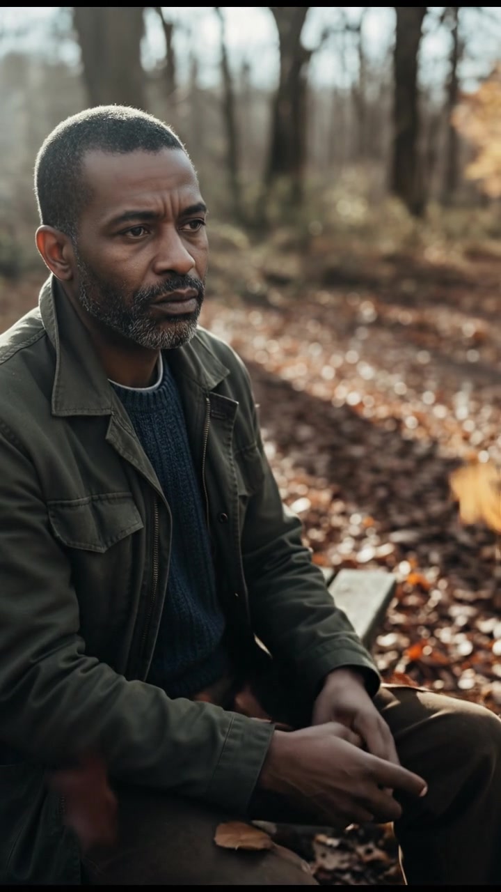 A close-up of the Kwame sitting on a bench, looking pensively at the ground, surrounded by fallen leaves.
