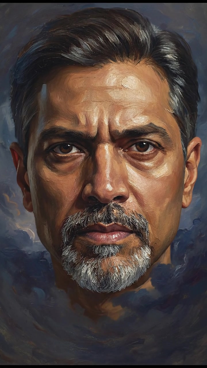 A close-up of Raj's graying goatee and determined expression, framed by dark clouds.