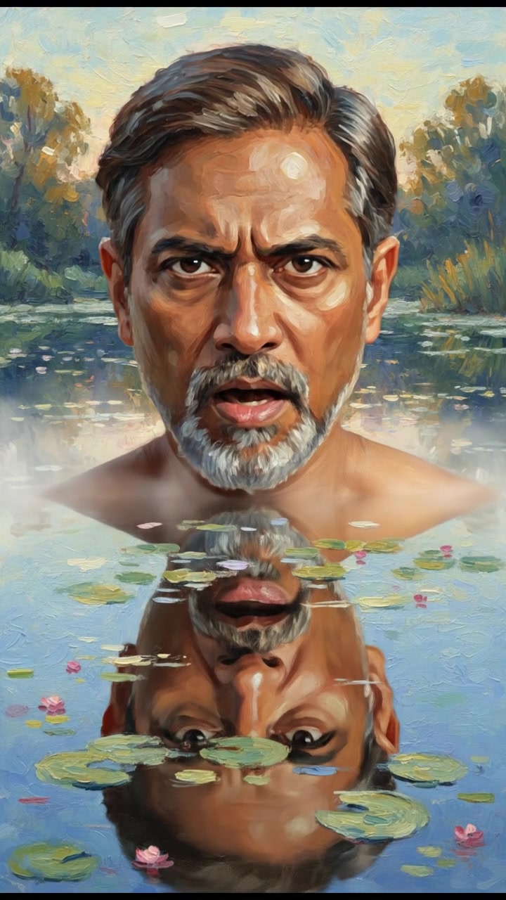 Close-up of Raj's face, showing determination as he confronts his own reflection in a serene lake.