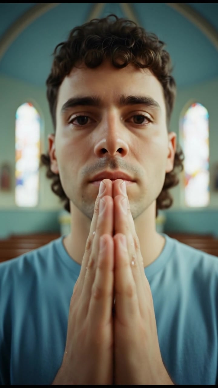 A close-up of the Mateo's hands clasped together in a gesture of prayer, with tears glistening on his fingers.