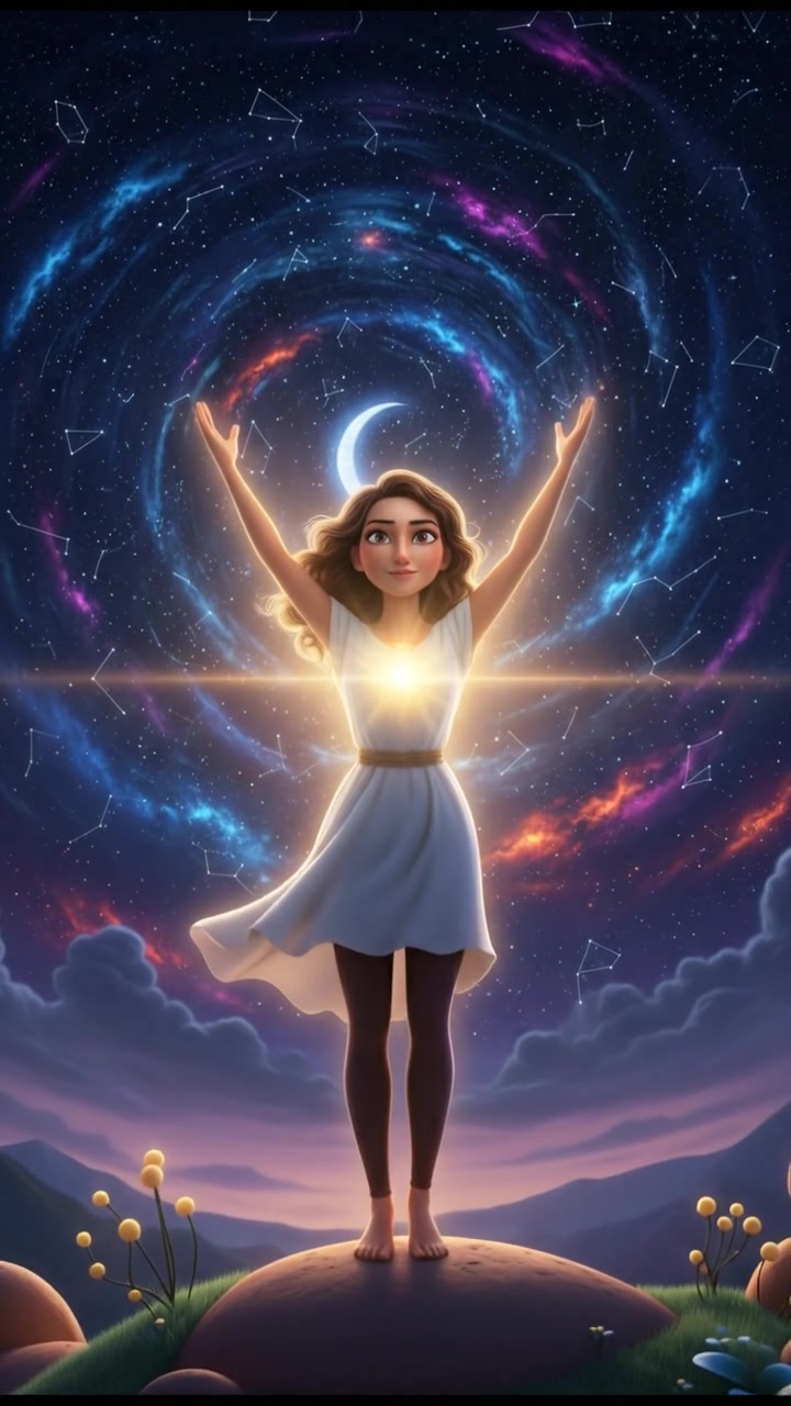 Laila standing confidently on a hilltop, arms raised, with a light illuminating with in her. and a night sky behind her