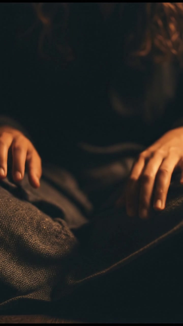 A close-up of Asha's hands resting on her knees, showing her uncertainty in the moment.