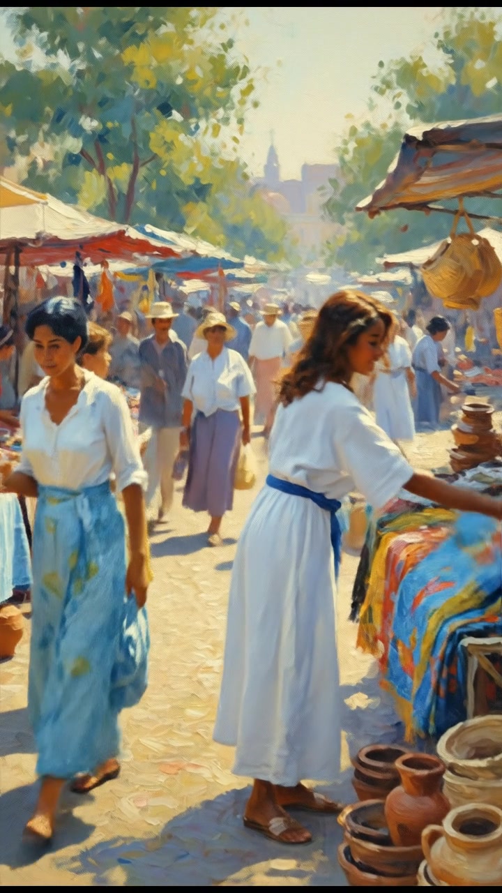 A vibrant market scene filled with stalls showcasing bright textiles and handmade crafts, shoppers browsing excitedly.