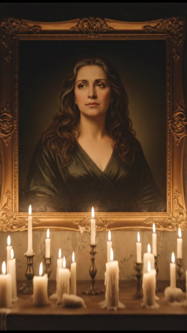 A darkened room with candles flickering around a portrait of Asha, which is framed elegantly.