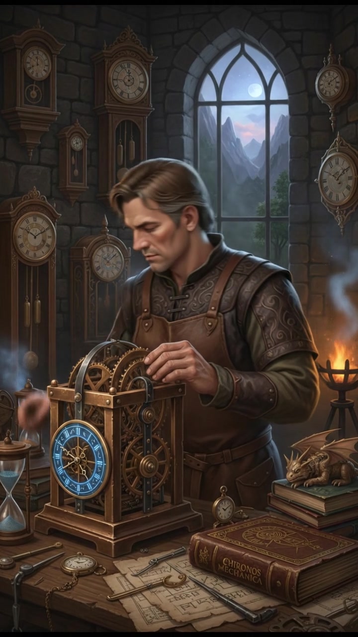The Mark in his workshop, carefully adjusting the gears of a vintage clock surrounded by various timepieces.