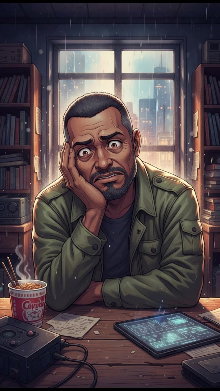 Kwame, looking frustrated, is sitting at a table in a dimly lit room with his head resting on his hand.