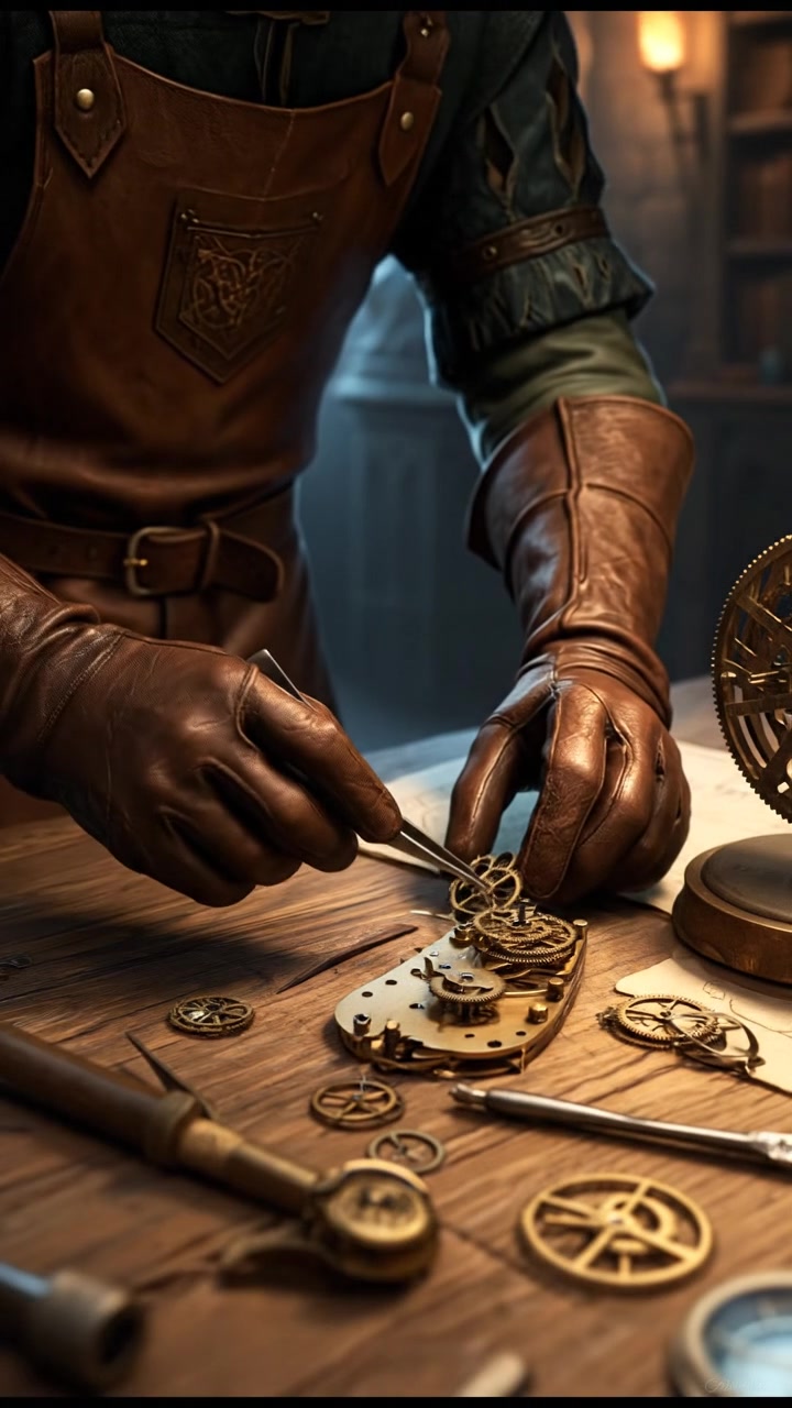 The Mark at his workbench, surrounded by intricate gear parts and watches in various stages of assembly.