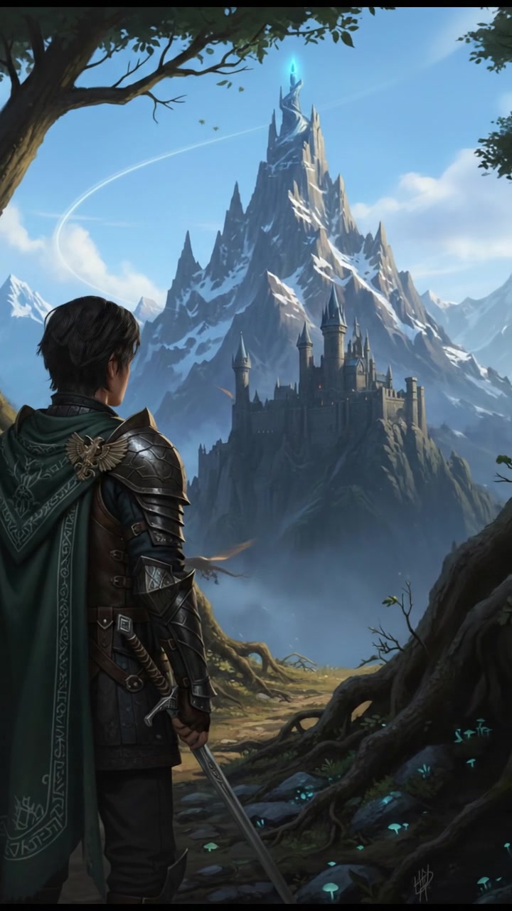 Ken standing alone at the edge of a forest, glancing at a distant mountain under a clear blue sky.