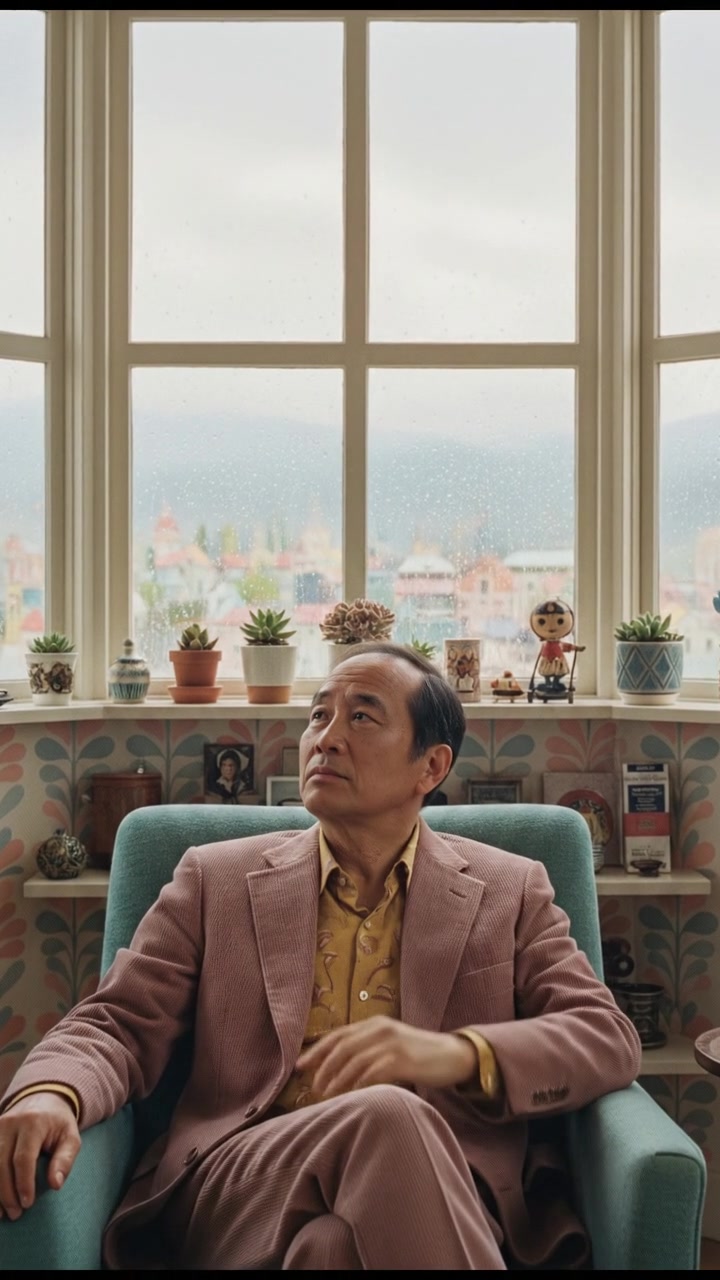 Hiro contemplating while gazing out of a window with raindrops.