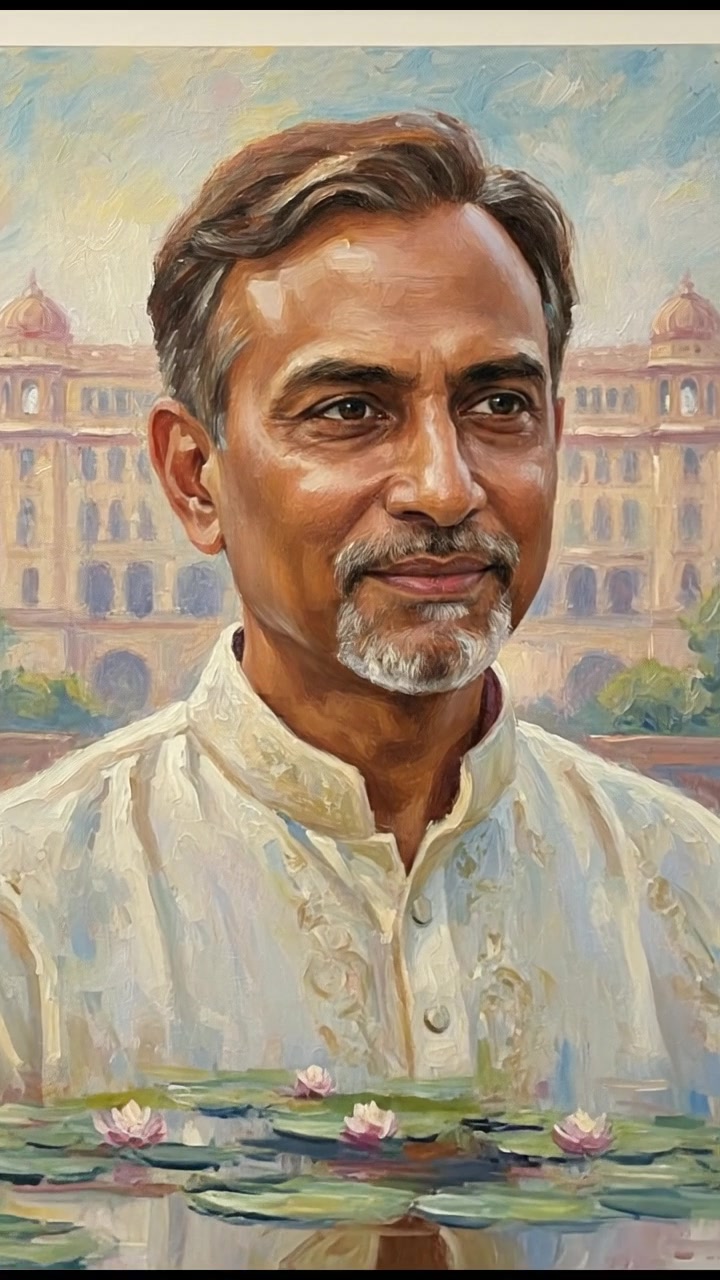 Close-up of Raj, looking contemplative, with a slight smile, amidst the palatial background.