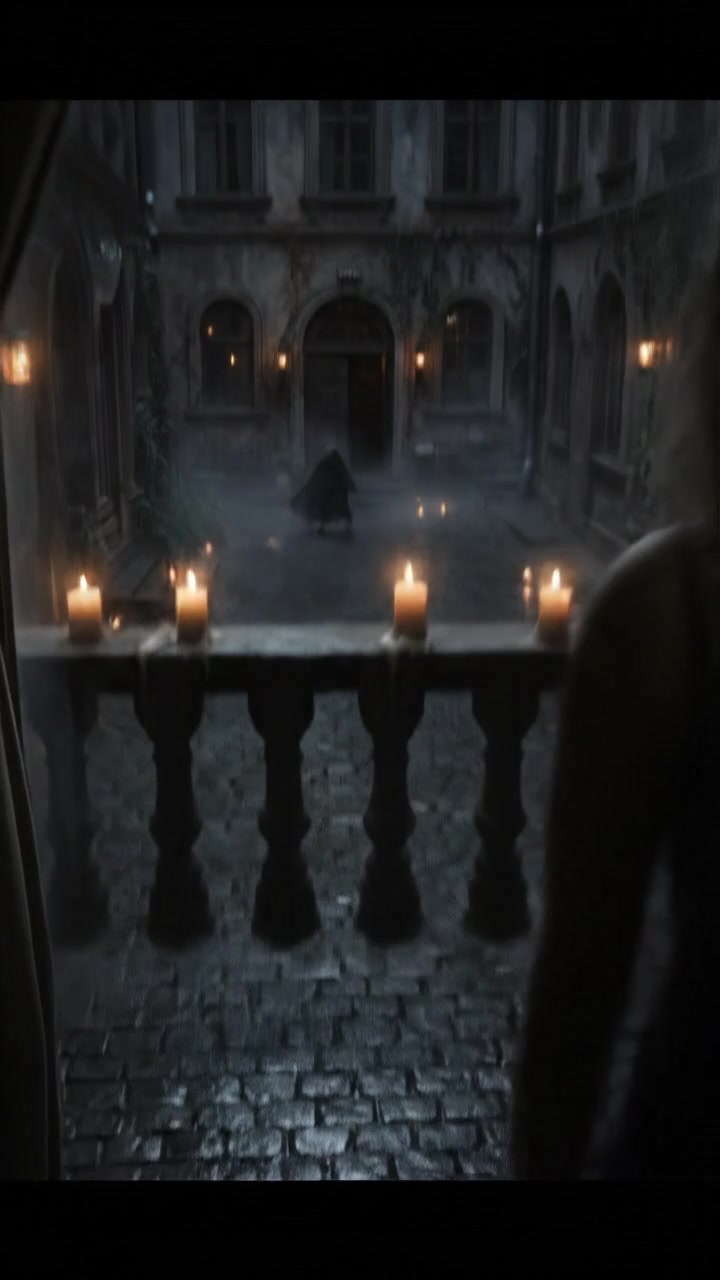 A view of a courtyard at night with shadows and mysterious movements, seen from Ashley's apartment window.