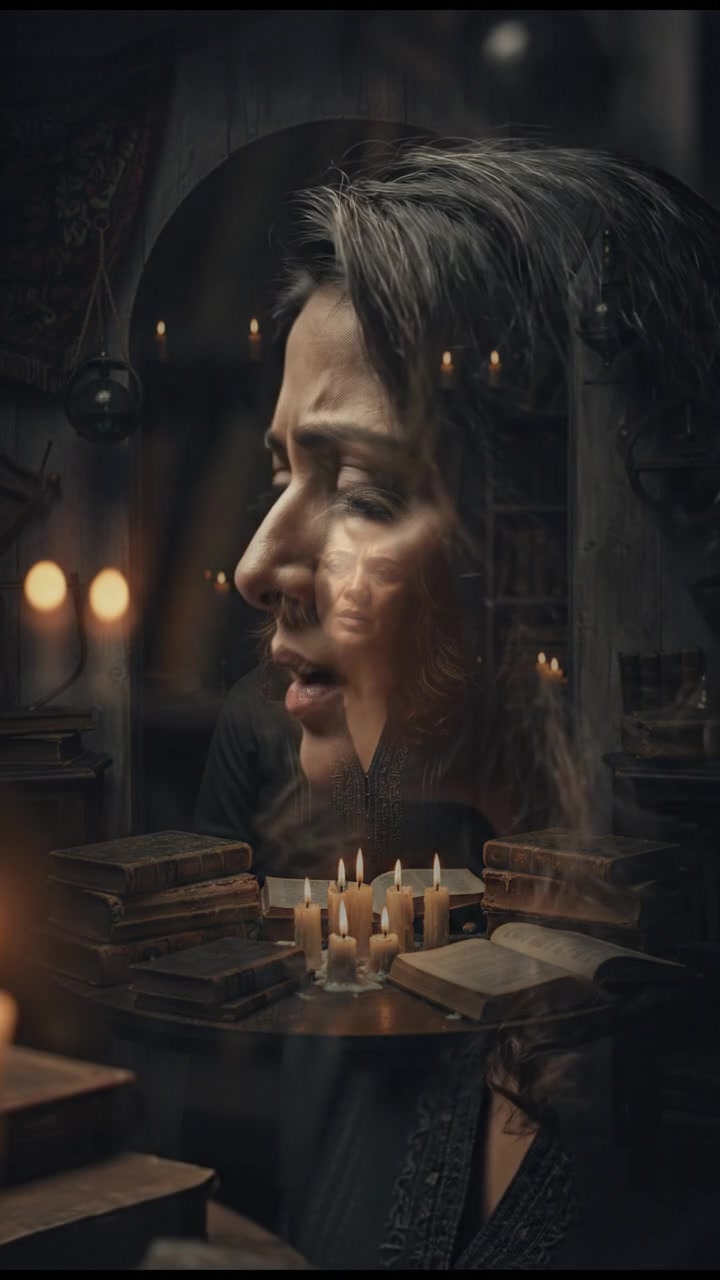 Asha, sitting at a small table covered with old books, listens intently in a dimly lit room.