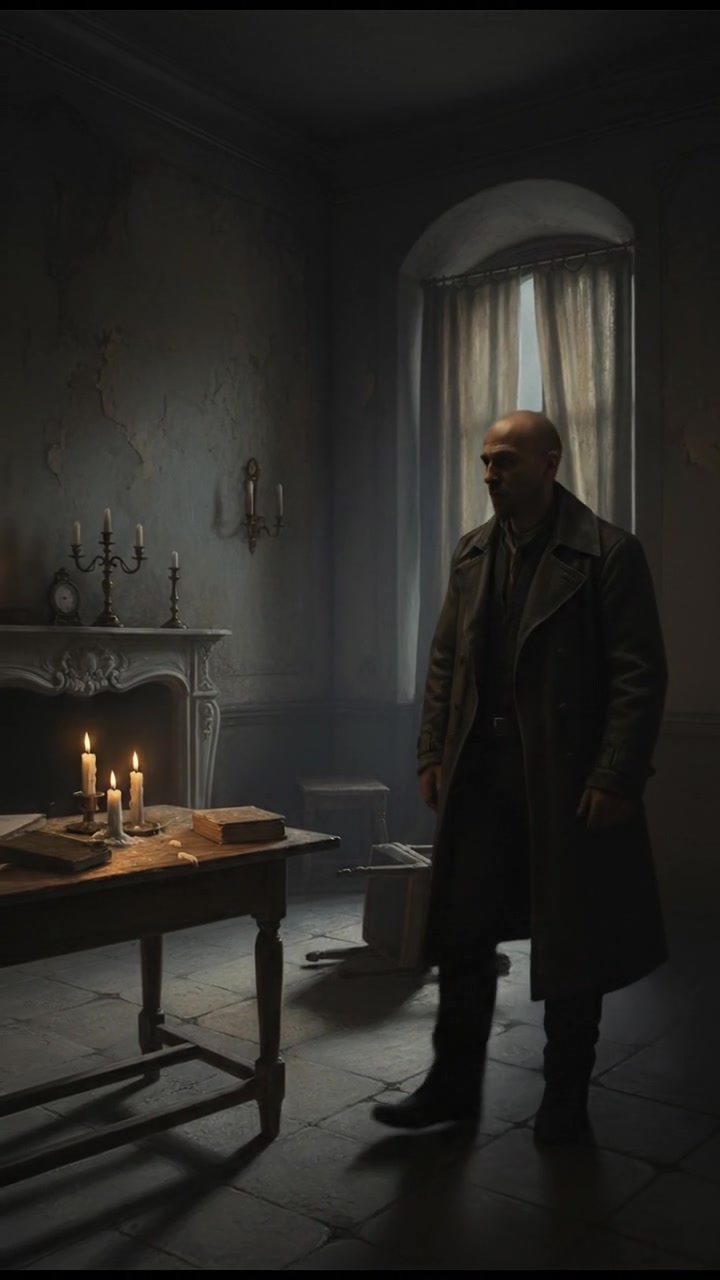 A dimly lit room with a shadowy figure standing in the corner, partially obscured by shadows.