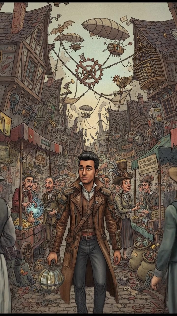 Arjun walking through a bustling market, with colorful stalls and people around.