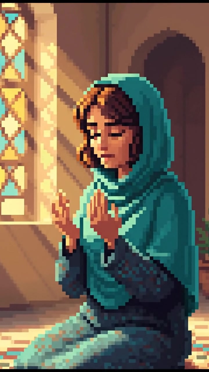 A close-up of Laila in prayer, with soft light filtering through a window.