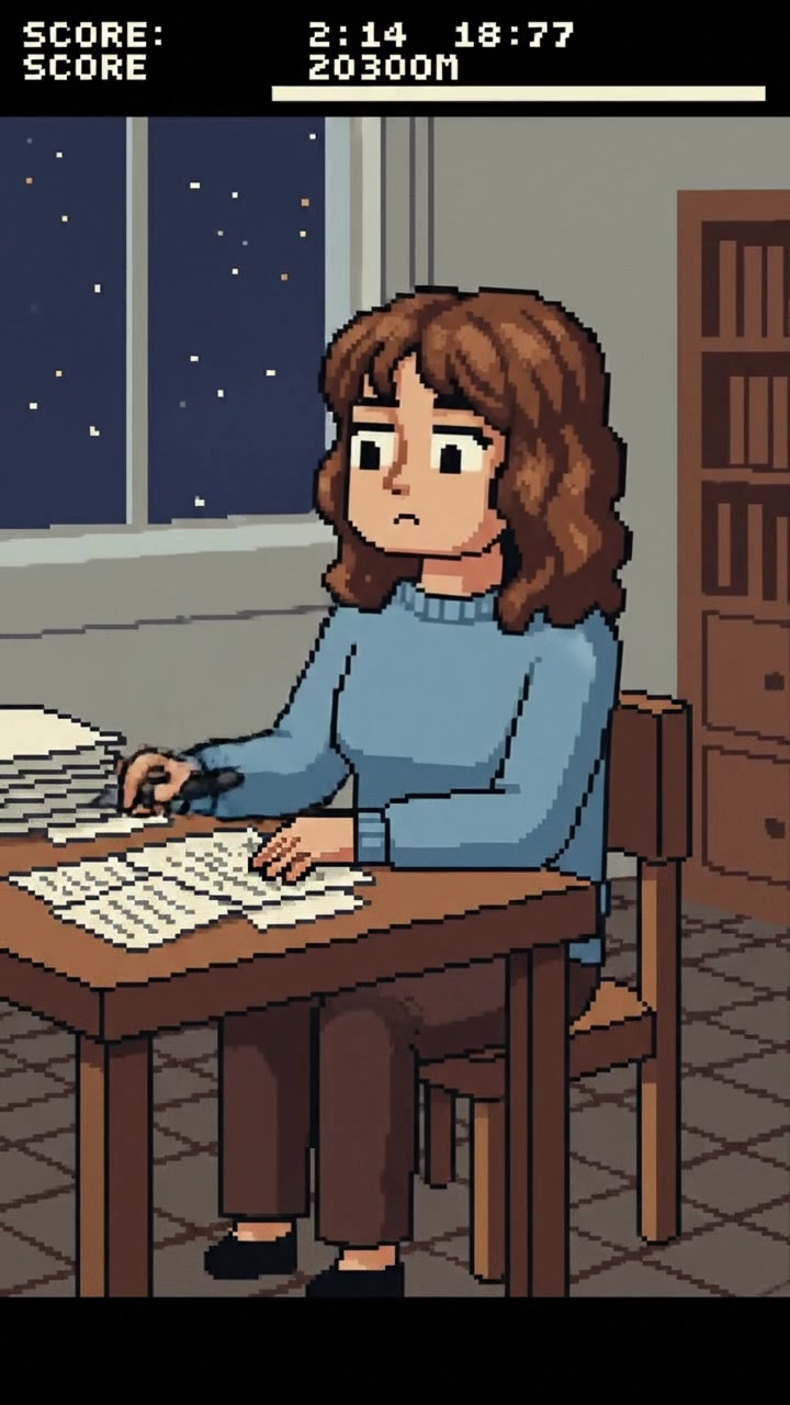 A thoughtful Laila sitting at a desk with papers scattered around, a pen paused in her hand.