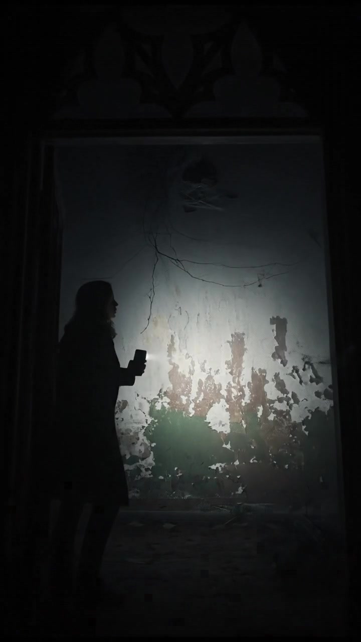 Ashley, holding her phone flashlight, stands at the entrance of Hollow House, looking anxious.
