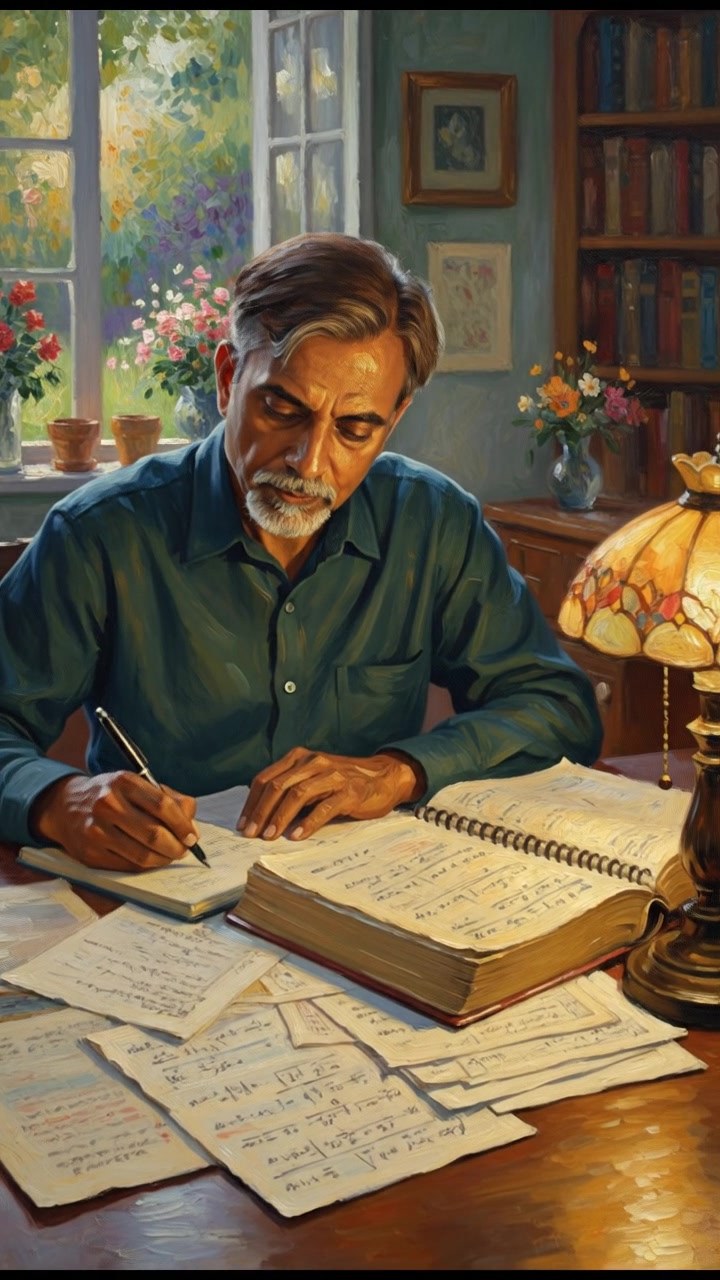 Ravi sitting at a desk with a math book open, writing notes, surrounded by papers and a lamp.