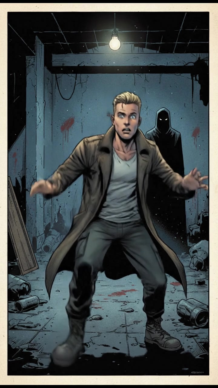 Ryan standing in surprise in a dimly lit room, with a shadowy figure in the background.