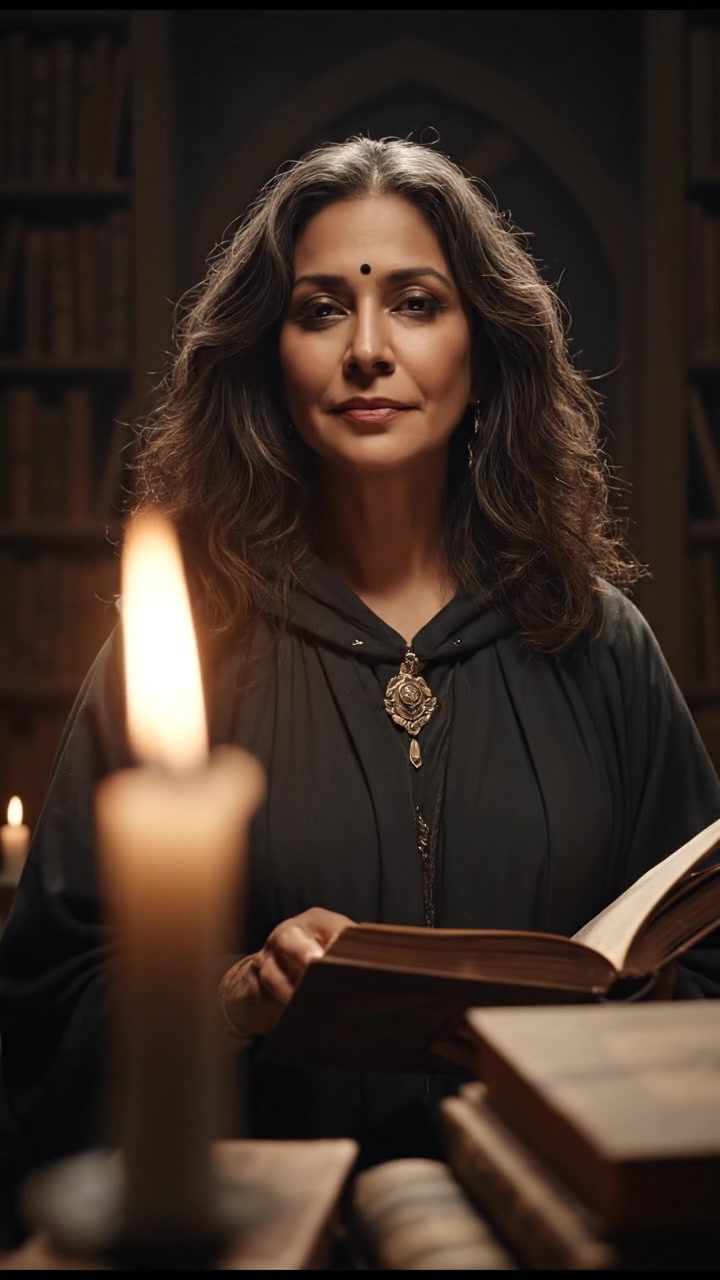Asha standing confidently in a dimly lit room, surrounded by ancient books and candles.