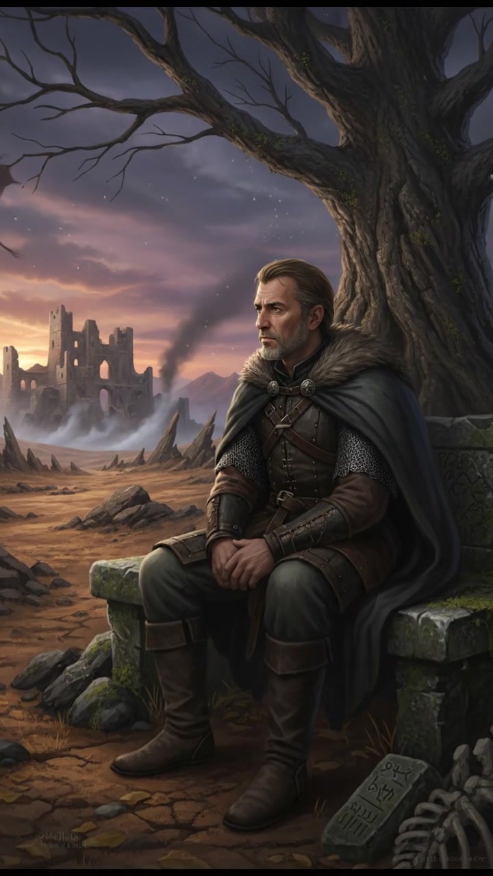 Omar sitting alone on a stone under a tree, looking pensive while the landscape is desolate.