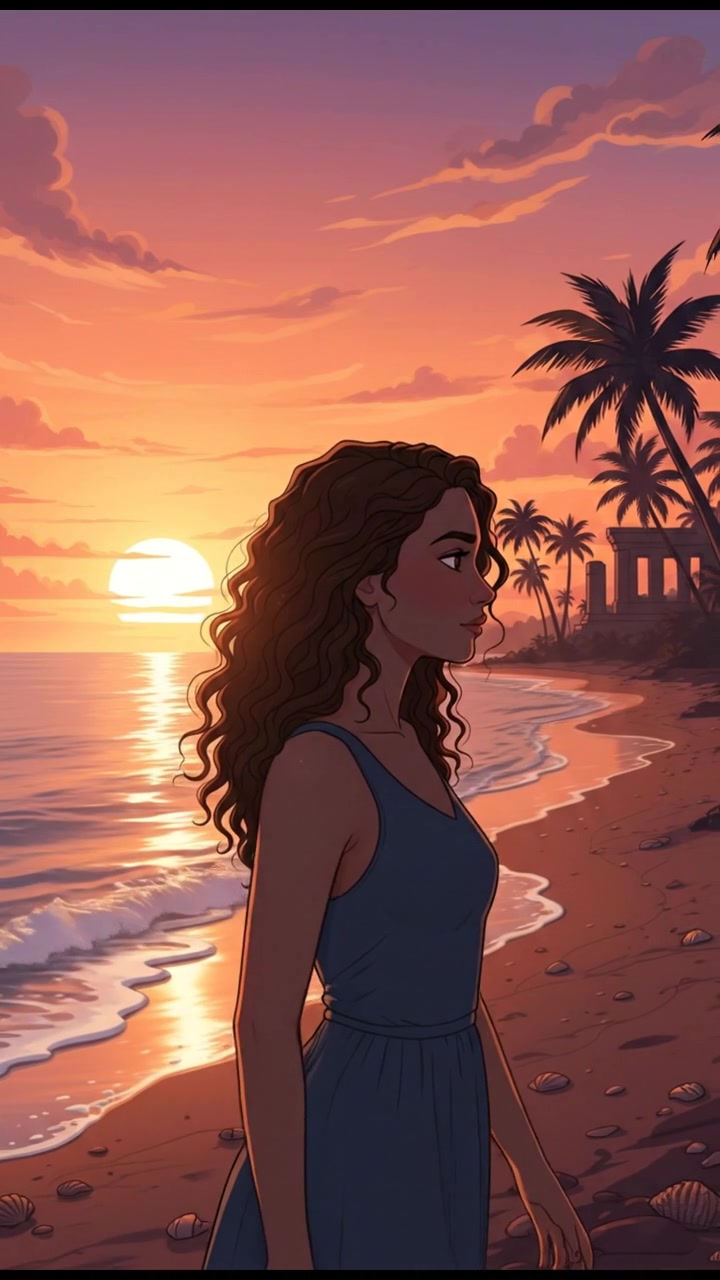 A beautiful sunset over a serene beach, with the silhouette of the Maya gazing at the horizon.