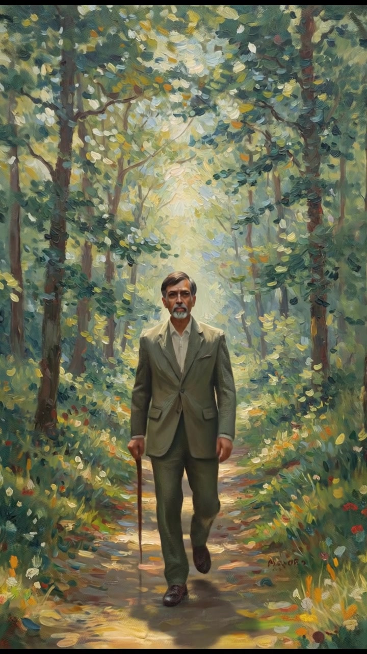 A dense forest path with the Raj walking among the trees, sunlight filtering through the leaves.