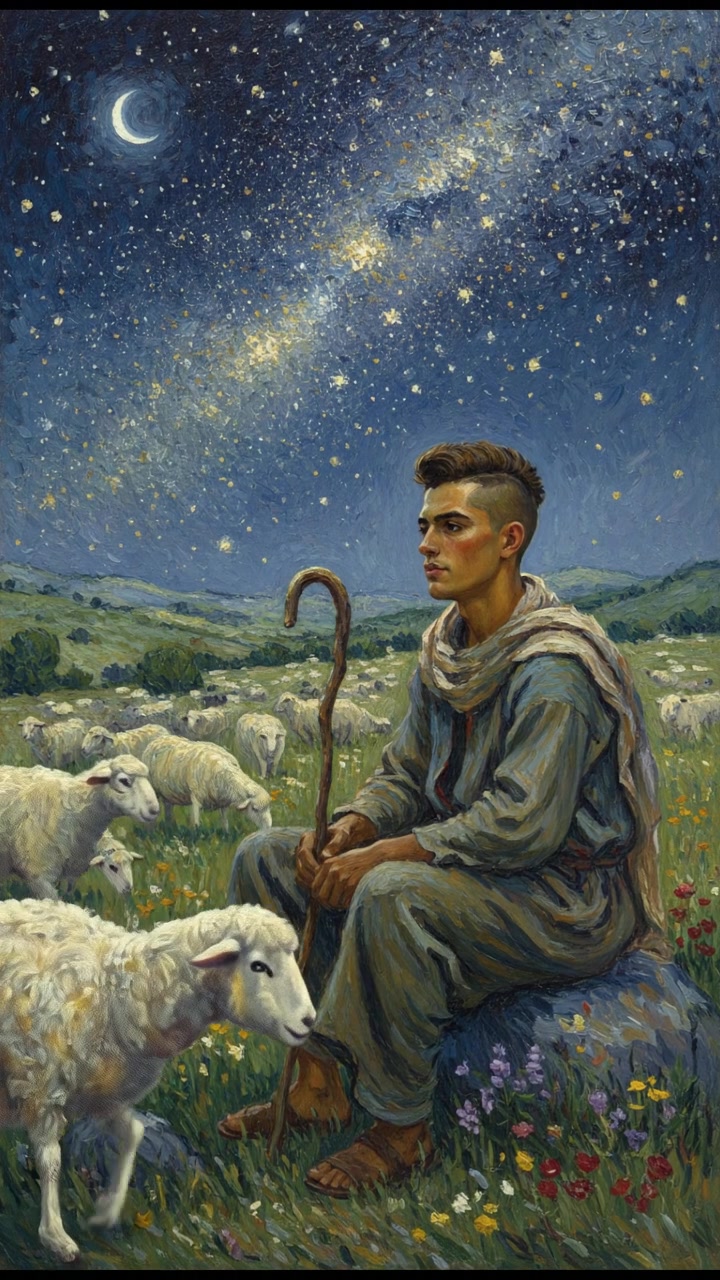 Amir watching his flock under a clear night sky filled with stars.