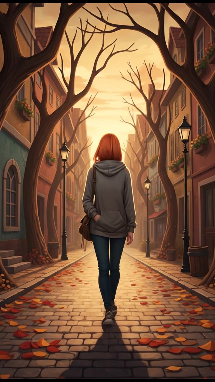 A view of Emma walking despondently through a quiet street, with no one around her.