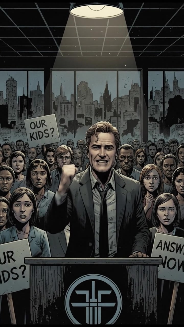 A focused shot of Mark standing at a podium, addressing a room filled with concerned parents.