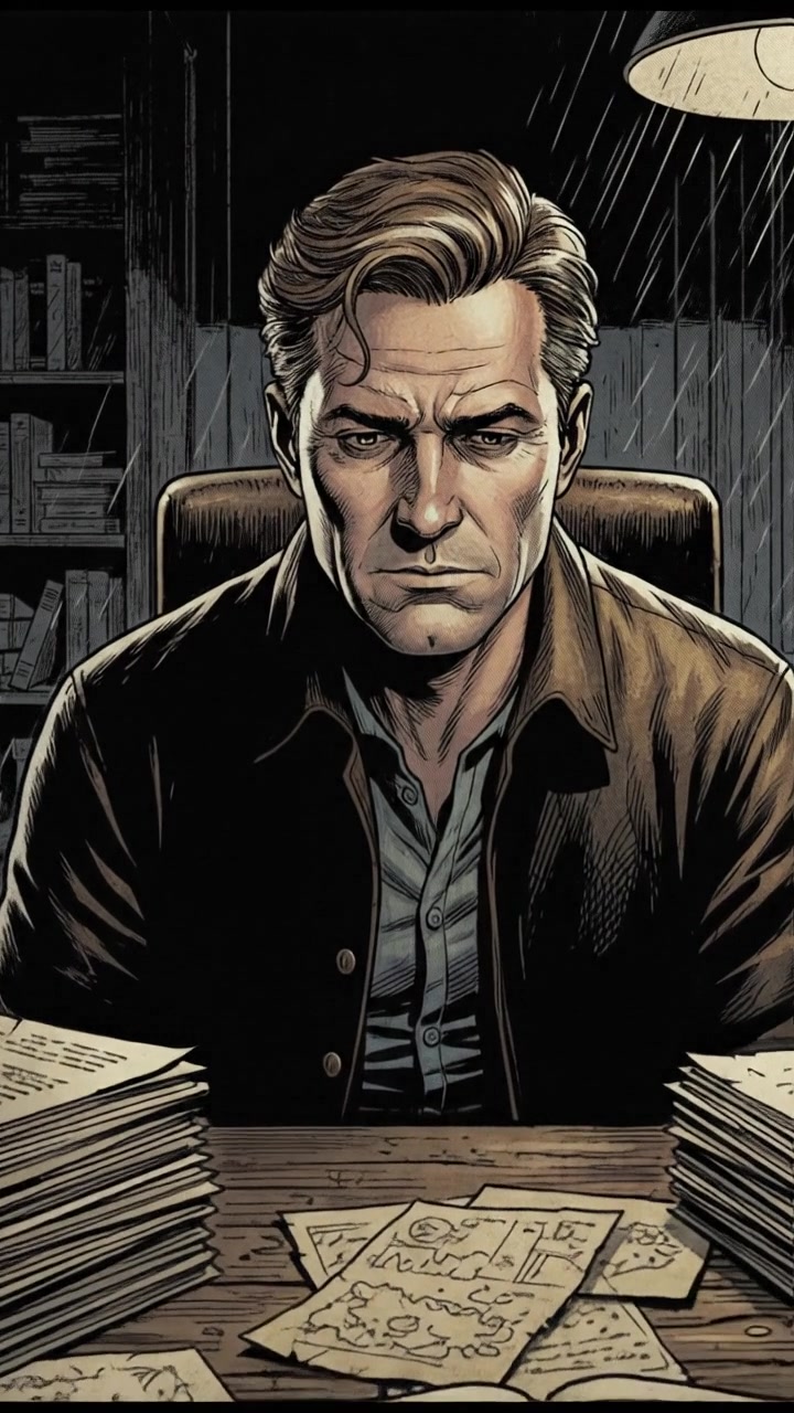 A close-up of Mark sitting at a wooden table with documents in front of him, looking thoughtful.