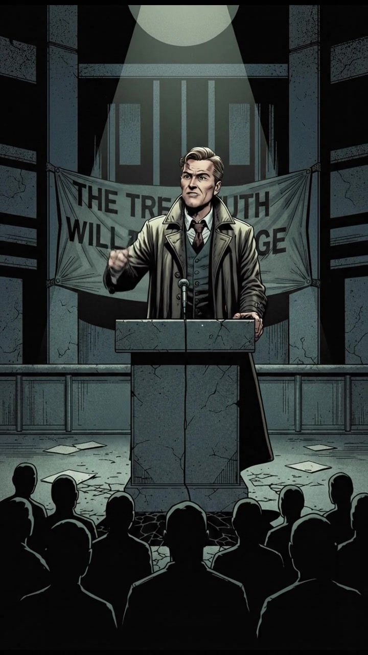 A view of Mark speaking at a podium at a public speaking event, looking assertive.