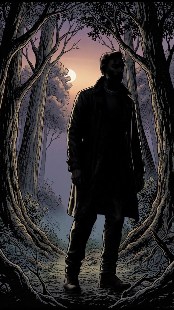 A view of the forest at dusk, shadows deepening, as Raj stands tall, looking around.