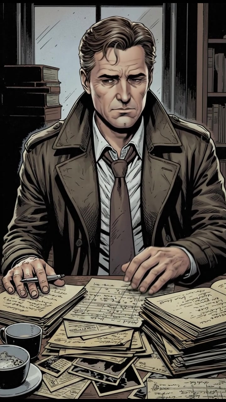 A close-up of Mark, looking thoughtfully at a desk piled with documents, a pen in hand.