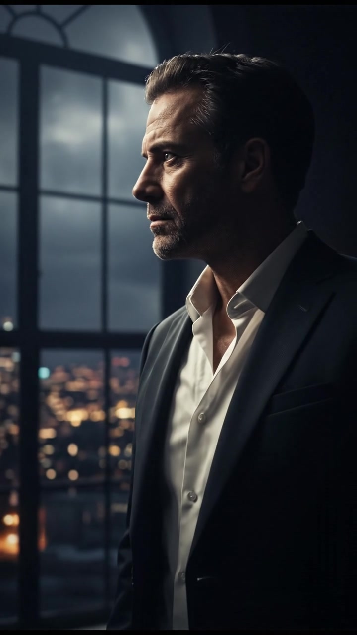 Omar looking somber, standing beside a large window, with city lights twinkling in the background.