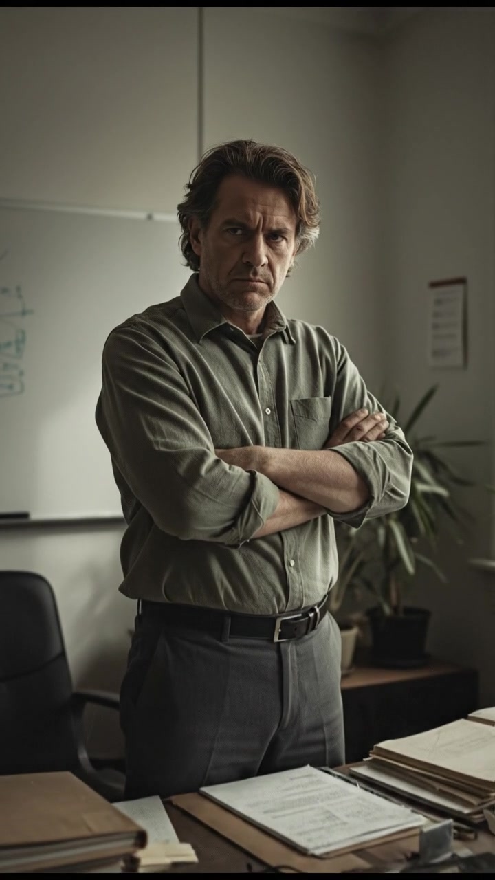 Mark frowning with crossed arms, standing in a bright office, a large desk cluttered with papers in front of him.