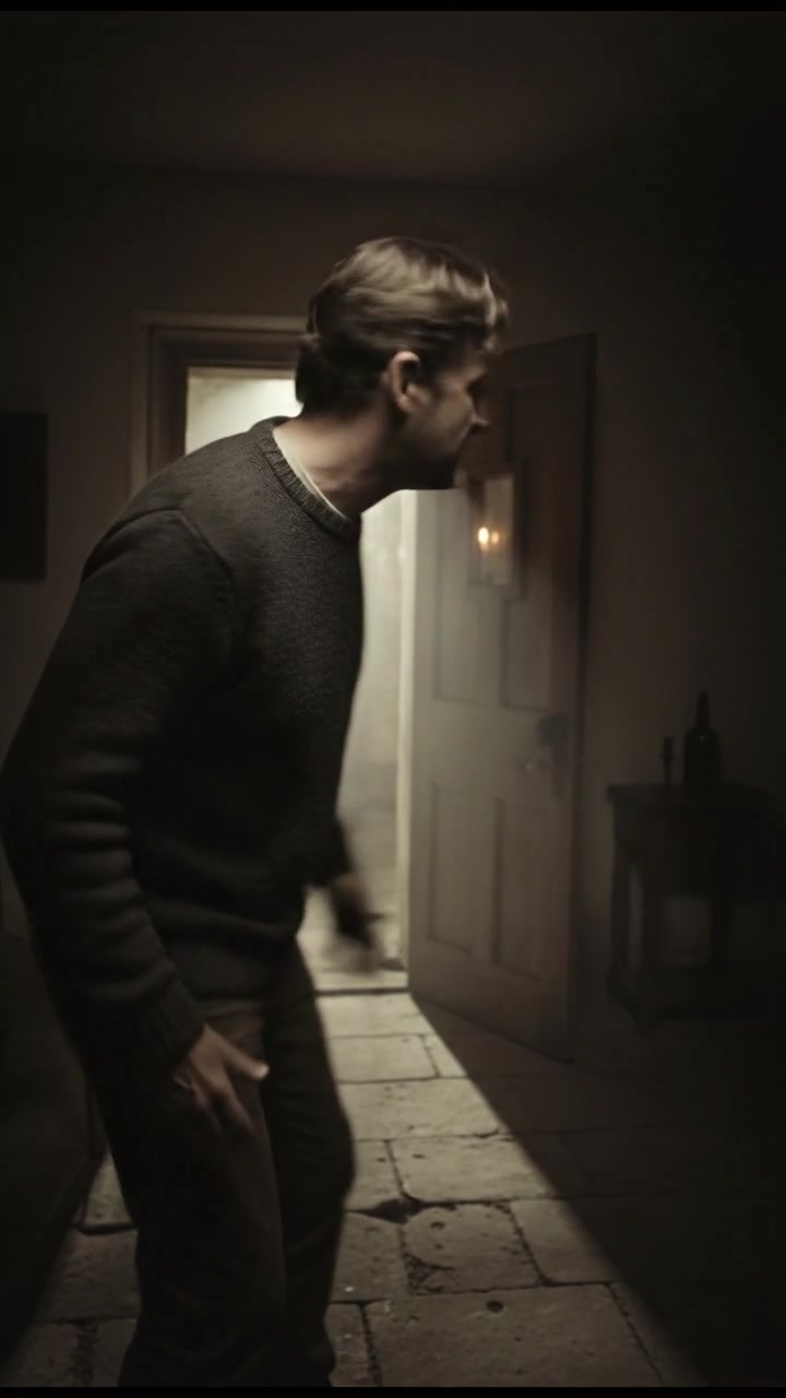 Mark stands in a dimly lit room, yelling towards the open door, with urgency in his expression.